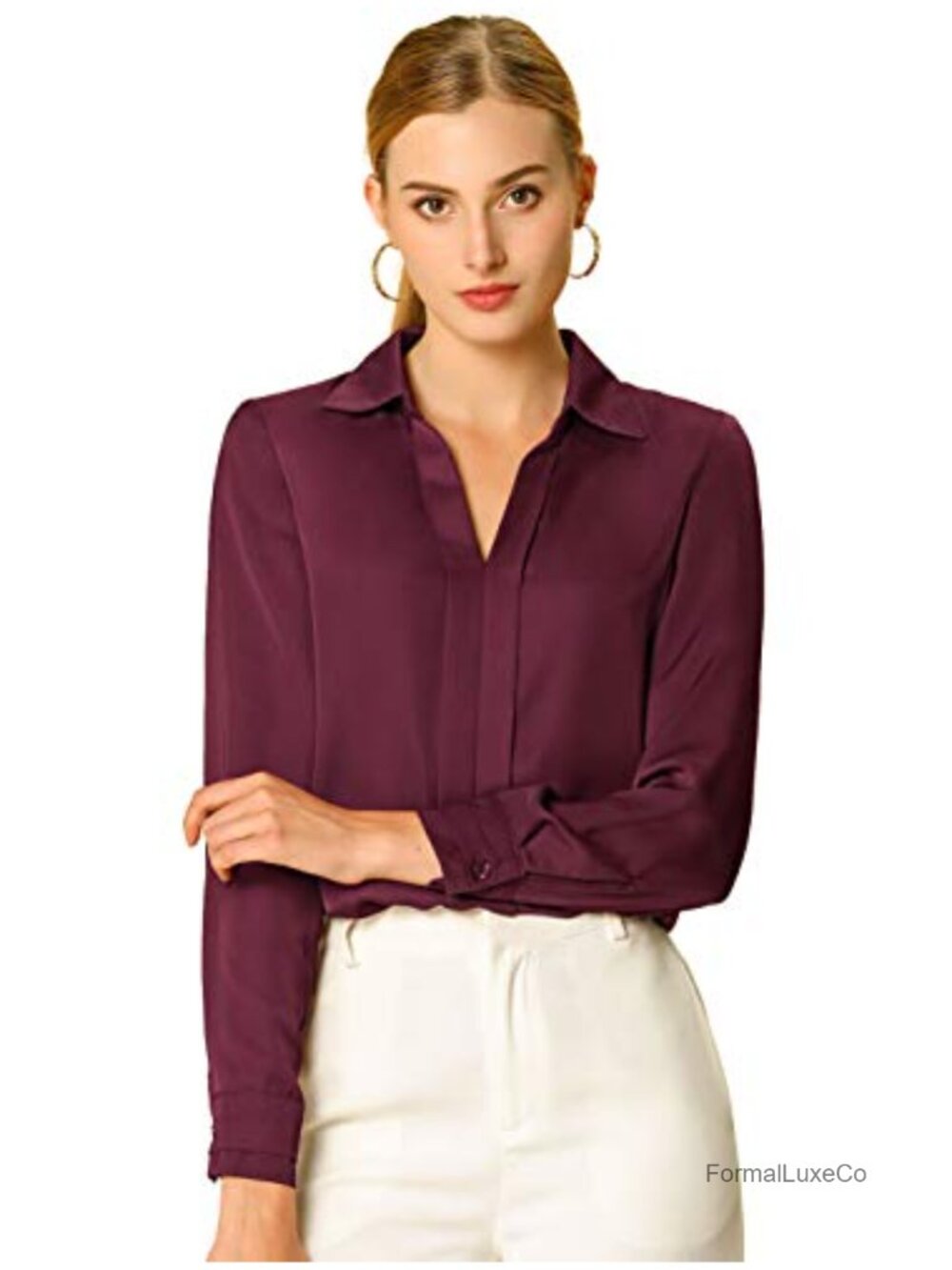 Satin Blouse Long Sleeve V-Neck Button Cuff Work Top